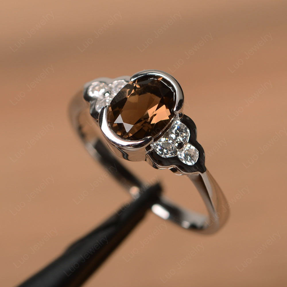 Oval Cut Bezel Set Smoky Quartz  Engagement Ring - LUO Jewelry