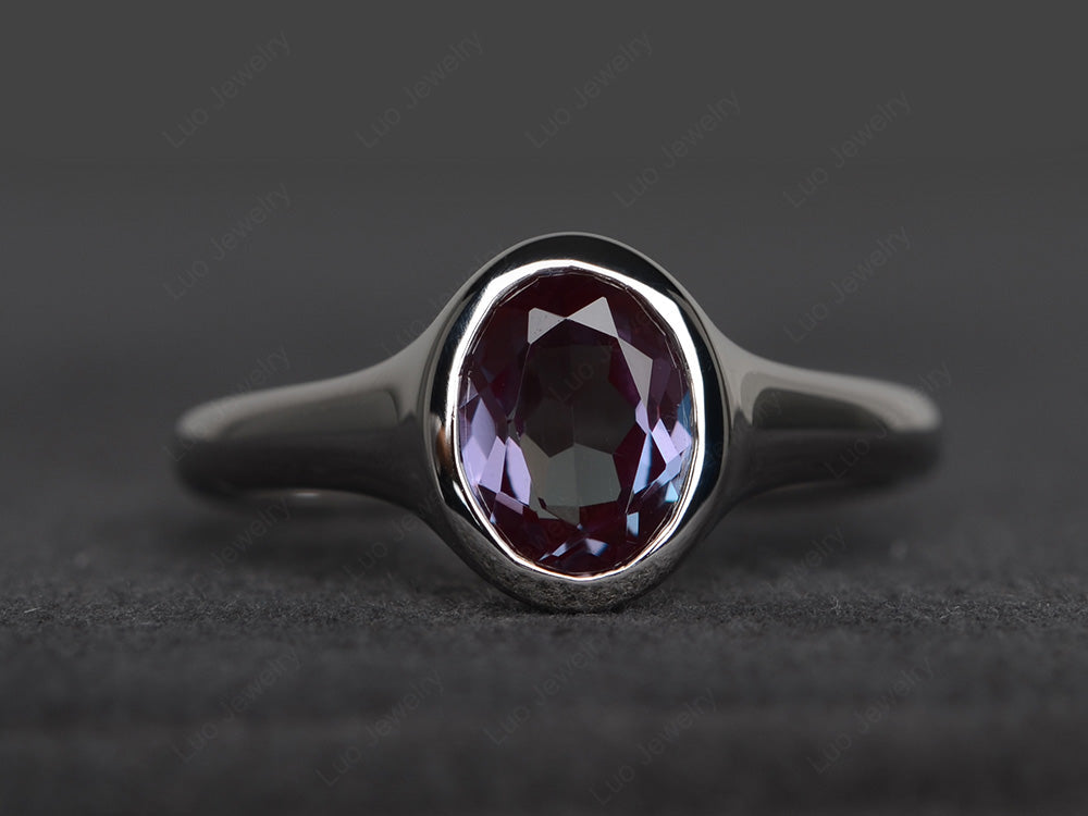 Simple Oval Bezel Set Alexandrite Ring White Gold - LUO Jewelry