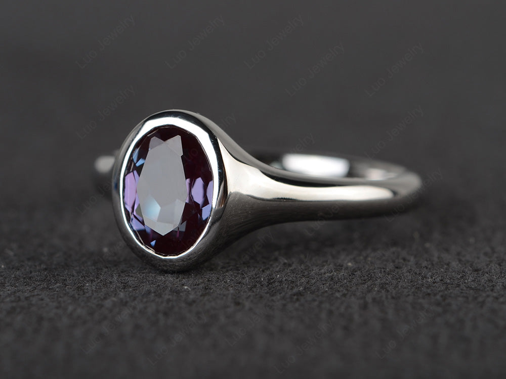 Simple Oval Bezel Set Alexandrite Ring White Gold - LUO Jewelry