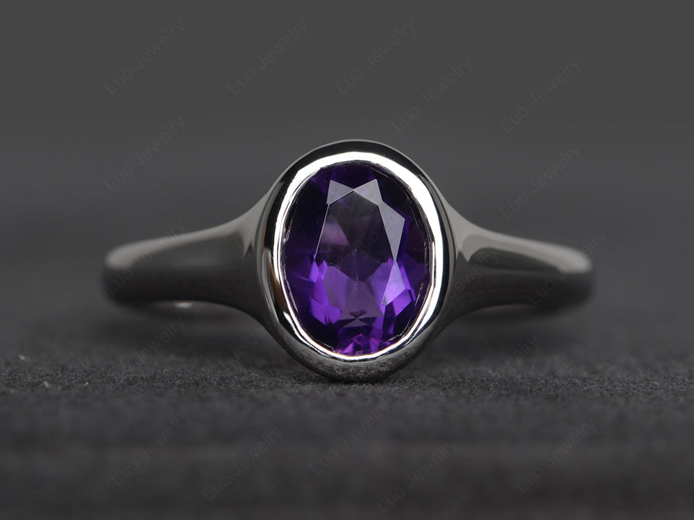 Simple Oval Bezel Set Amethyst Ring White Gold - LUO Jewelry