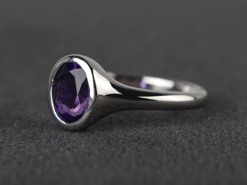 Simple Oval Bezel Set Amethyst Ring White Gold - LUO Jewelry
