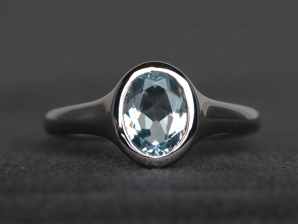 Simple Oval Bezel Set Aquamarine Ring White Gold - LUO Jewelry