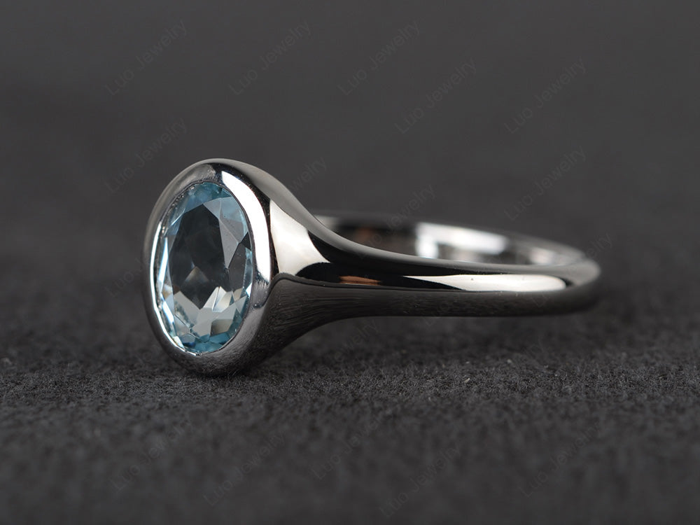 Simple Oval Bezel Set Aquamarine Ring White Gold - LUO Jewelry