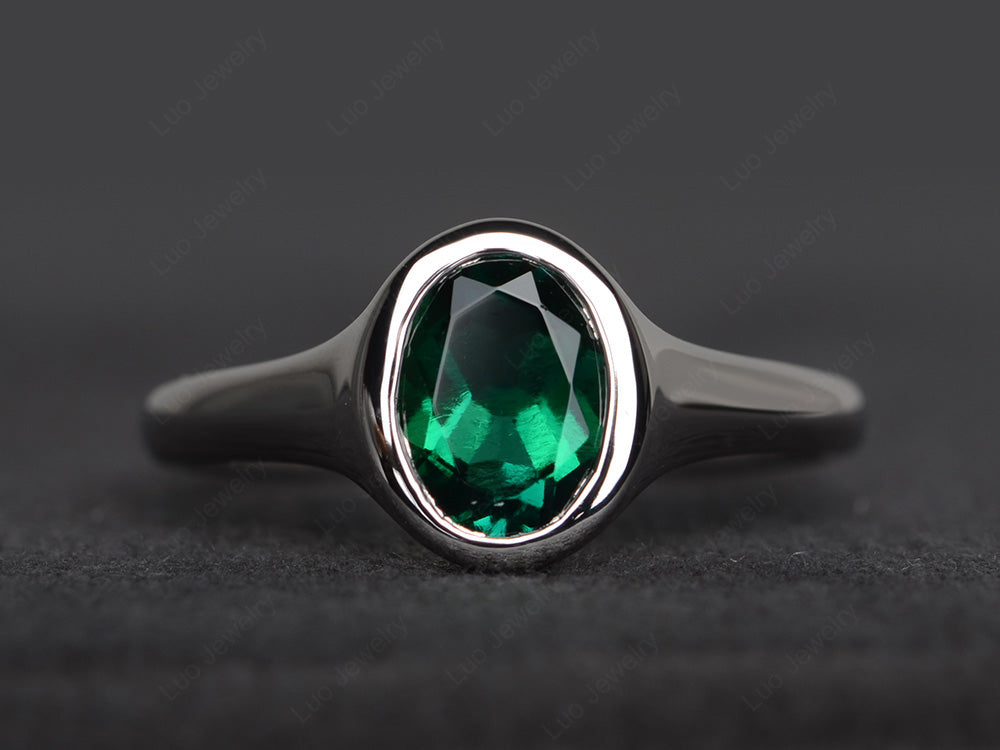 Simple Oval Bezel Set Lab Emerald Ring White Gold - LUO Jewelry