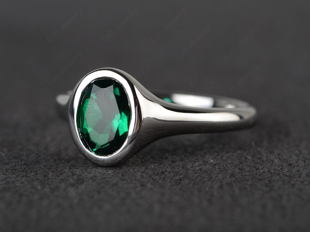 Simple Oval Bezel Set Lab Emerald Ring White Gold - LUO Jewelry