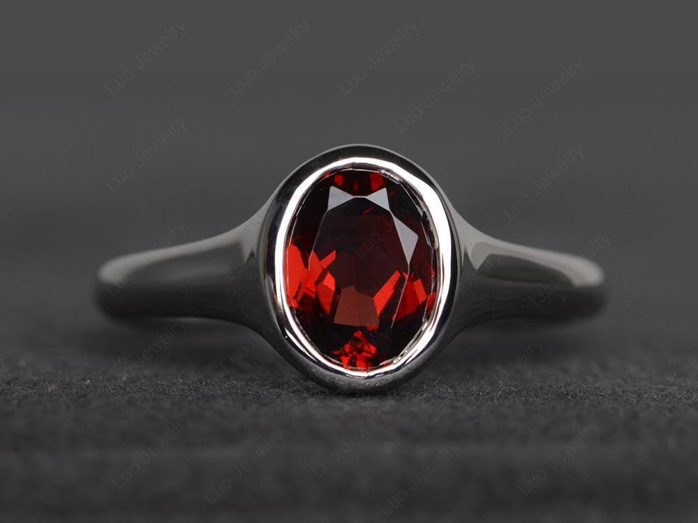 Simple Oval Bezel Set Garnet Ring White Gold - LUO Jewelry