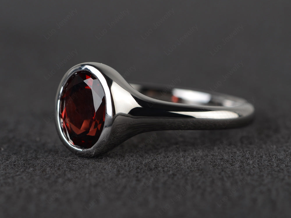 Simple Oval Bezel Set Garnet Ring White Gold - LUO Jewelry