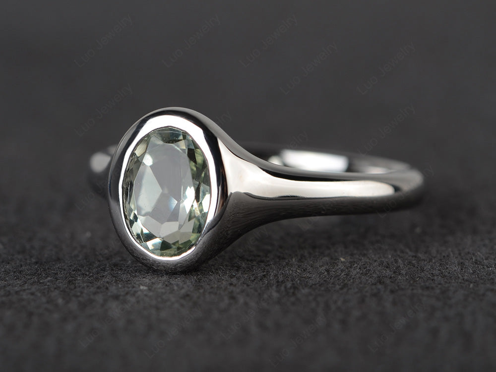 Simple Oval Bezel Set Green Amethyst Ring White Gold - LUO Jewelry