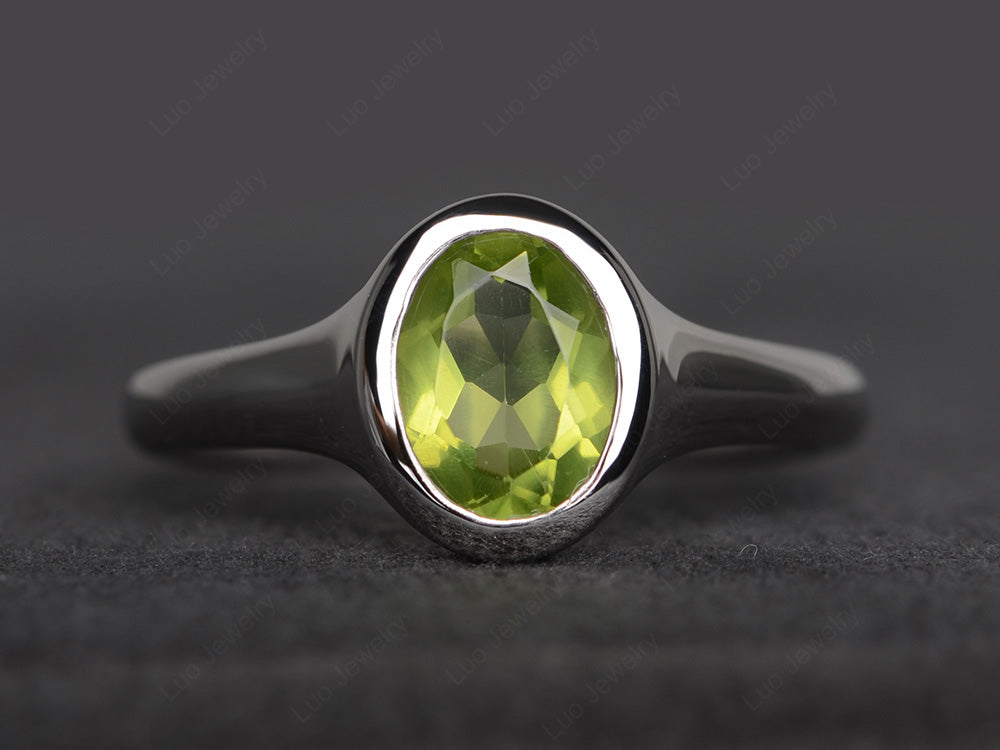 Simple Oval Bezel Set Peridot Ring White Gold - LUO Jewelry