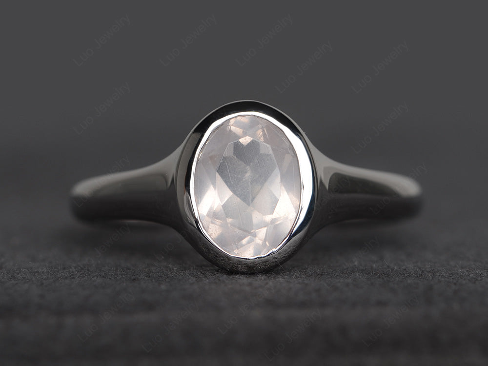 Simple Oval Bezel Set Rose Quartz Ring White Gold - LUO Jewelry