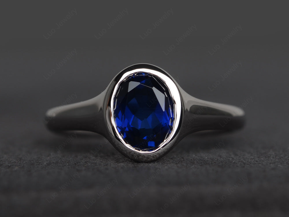 Simple Oval Bezel Set Lab Sapphire Ring White Gold - LUO Jewelry