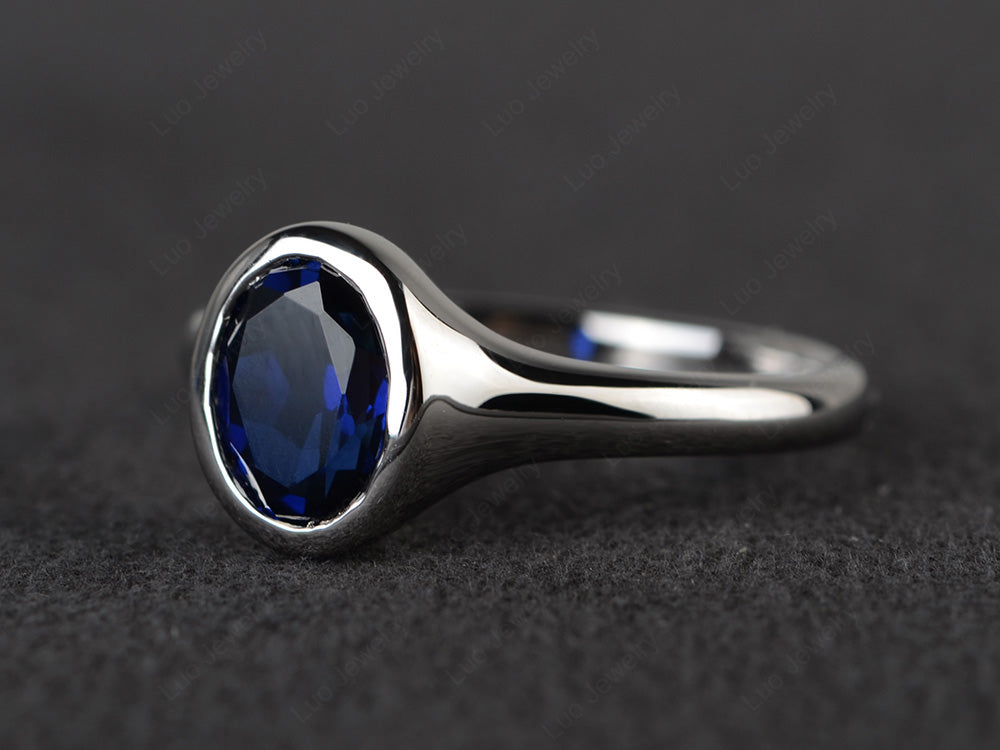 Simple Oval Bezel Set Lab Sapphire Ring White Gold - LUO Jewelry