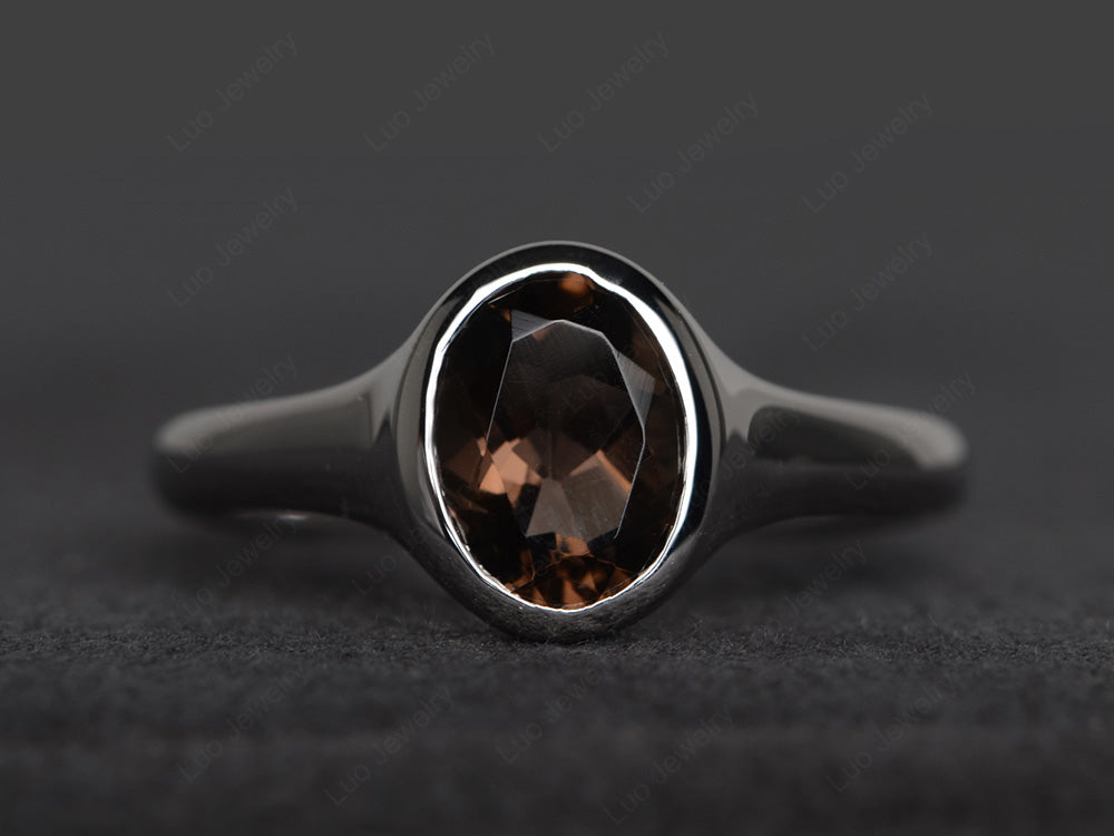 Simple Oval Bezel Set Smoky Quartz  Ring White Gold - LUO Jewelry