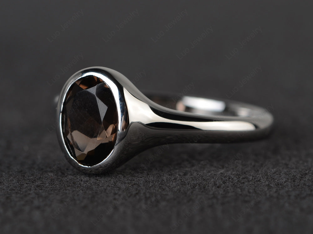 Simple Oval Bezel Set Smoky Quartz  Ring White Gold - LUO Jewelry