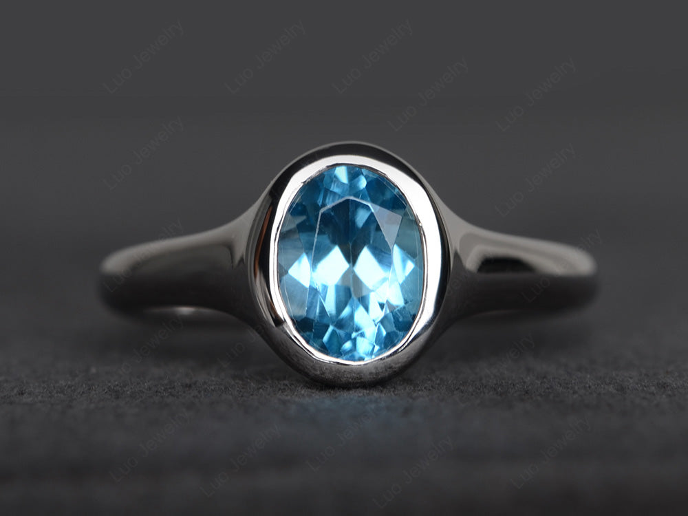 Simple Oval Bezel Set Swiss Blue Topaz Ring White Gold - LUO Jewelry