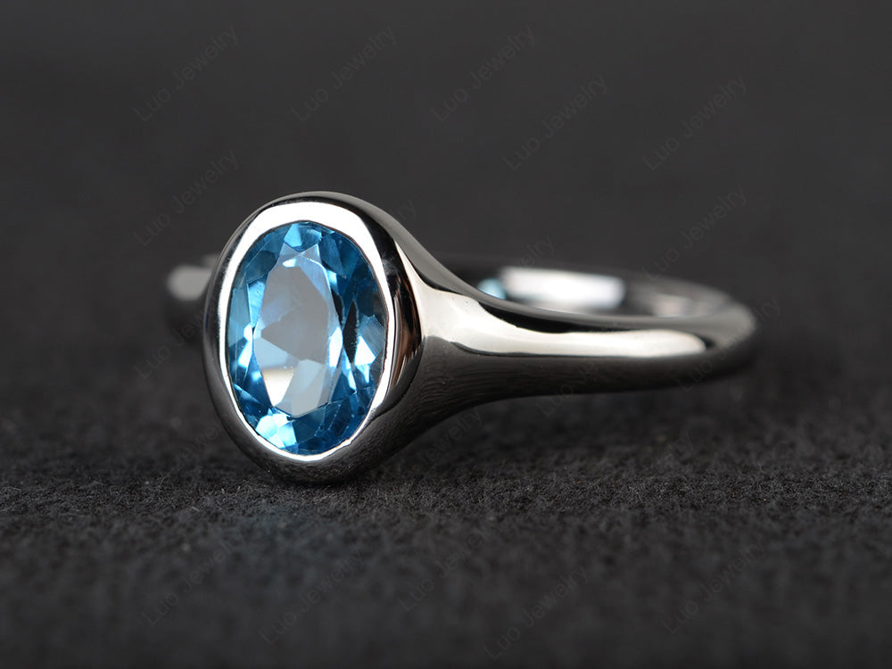 Simple Oval Bezel Set Swiss Blue Topaz Ring White Gold - LUO Jewelry