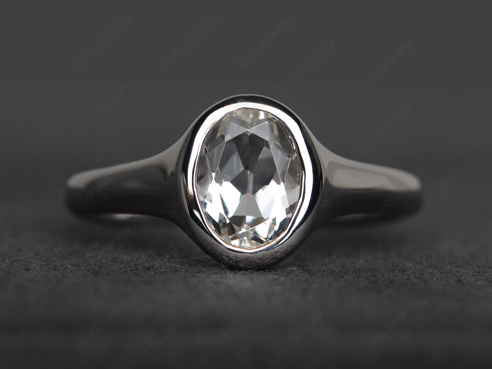 Simple Oval Bezel Set White Topaz Ring White Gold - LUO Jewelry