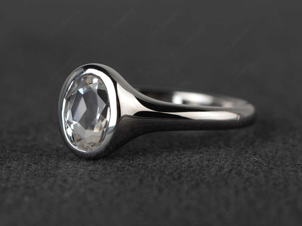 Simple Oval Bezel Set White Topaz Ring White Gold - LUO Jewelry