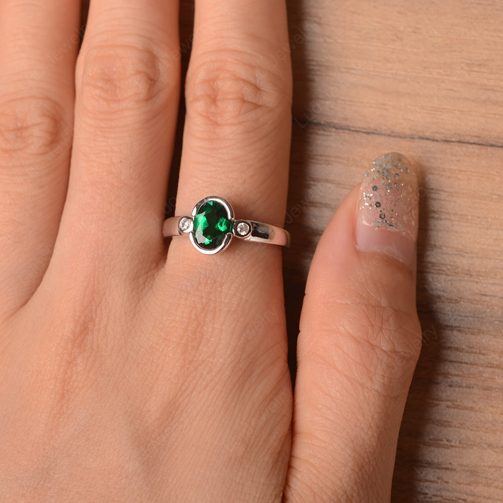Vintage Lab Emerald Ring Oval Bezel Set Ring - LUO Jewelry