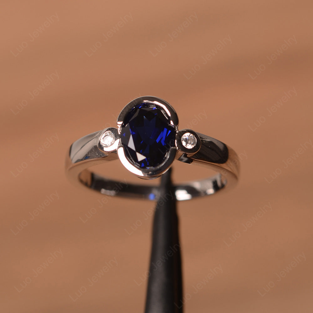 Vintage Lab Sapphire Ring Oval Bezel Set Ring - LUO Jewelry