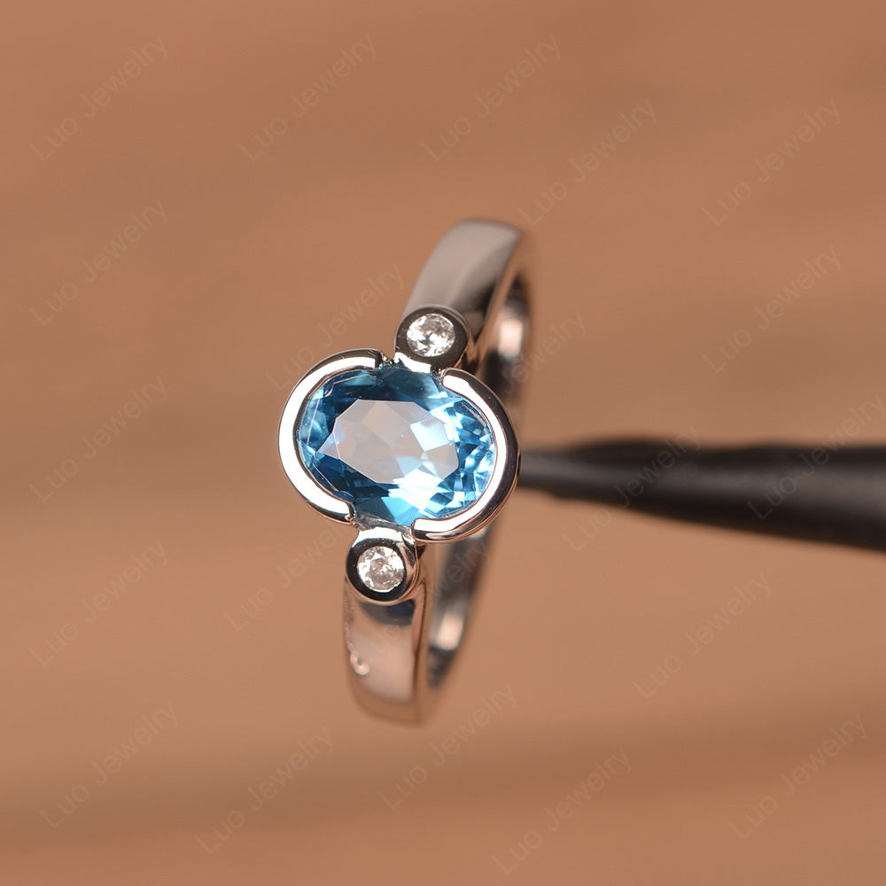 Vintage Swiss Blue Topaz Ring Oval Bezel Set Ring - LUO Jewelry