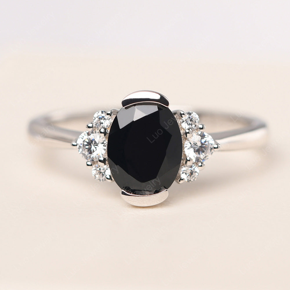 Oval Half Bezel Set Black Spinel Engagement Ring - LUO Jewelry