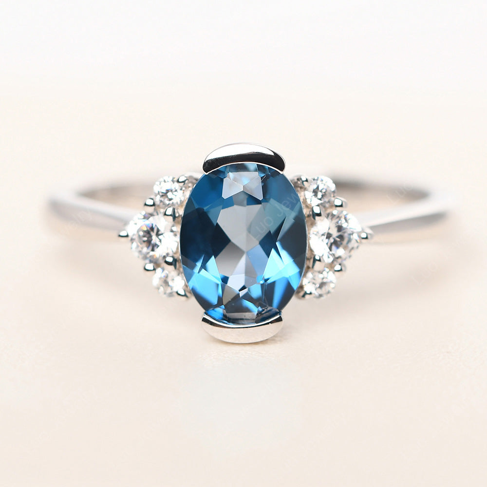 Oval Half Bezel Set London Blue Topaz Engagement Ring - LUO Jewelry