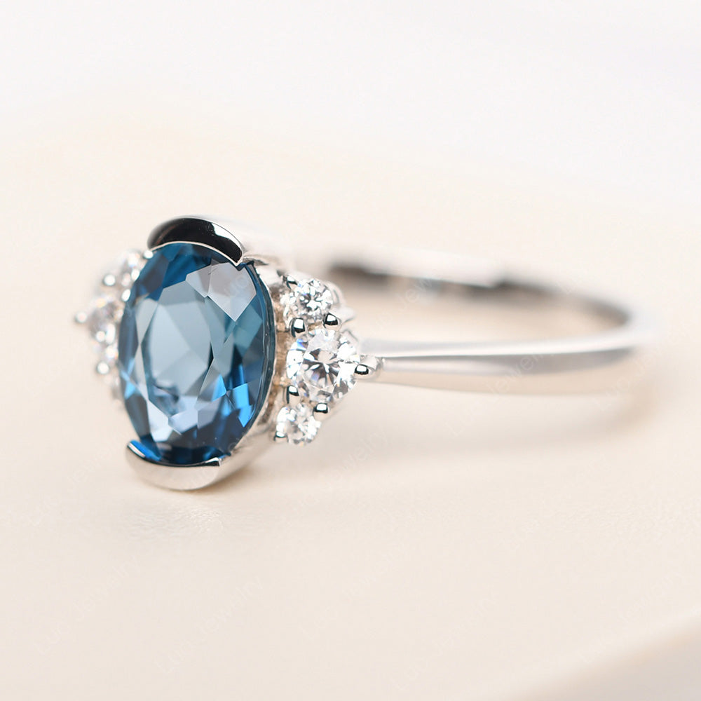 Oval Half Bezel Set London Blue Topaz Engagement Ring - LUO Jewelry