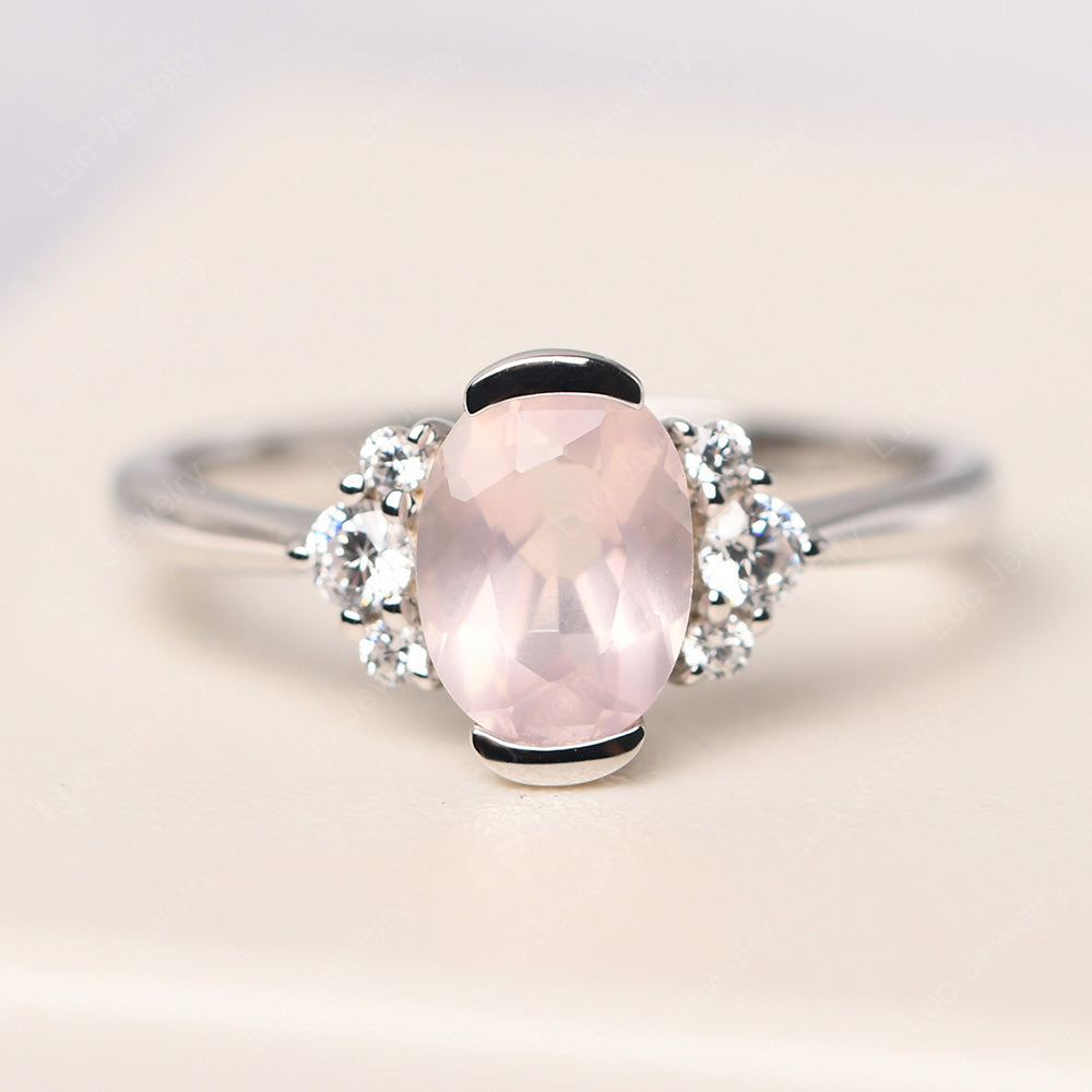 Oval Half Bezel Set Rose Quartz Engagement Ring - LUO Jewelry