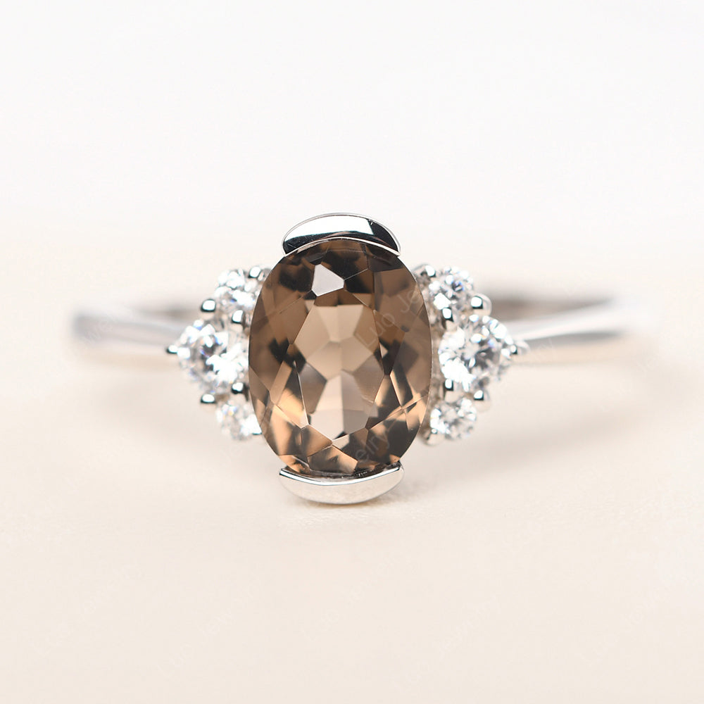Oval Half Bezel Set Smoky Quartz  Engagement Ring - LUO Jewelry