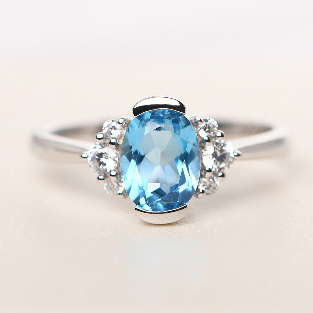 Oval Half Bezel Set Swiss Blue Topaz Engagement Ring - LUO Jewelry