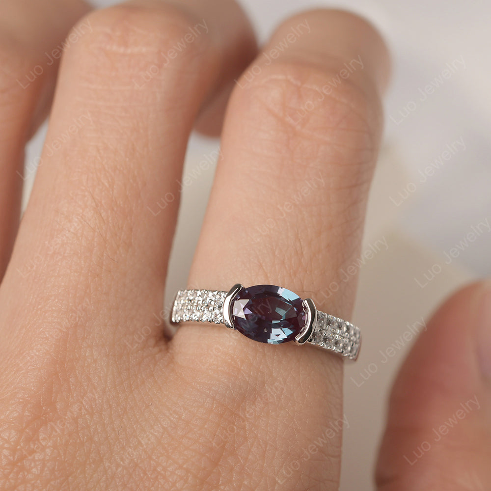 Oval Cut Alexandrite Ring Double Pave Ring - LUO Jewelry