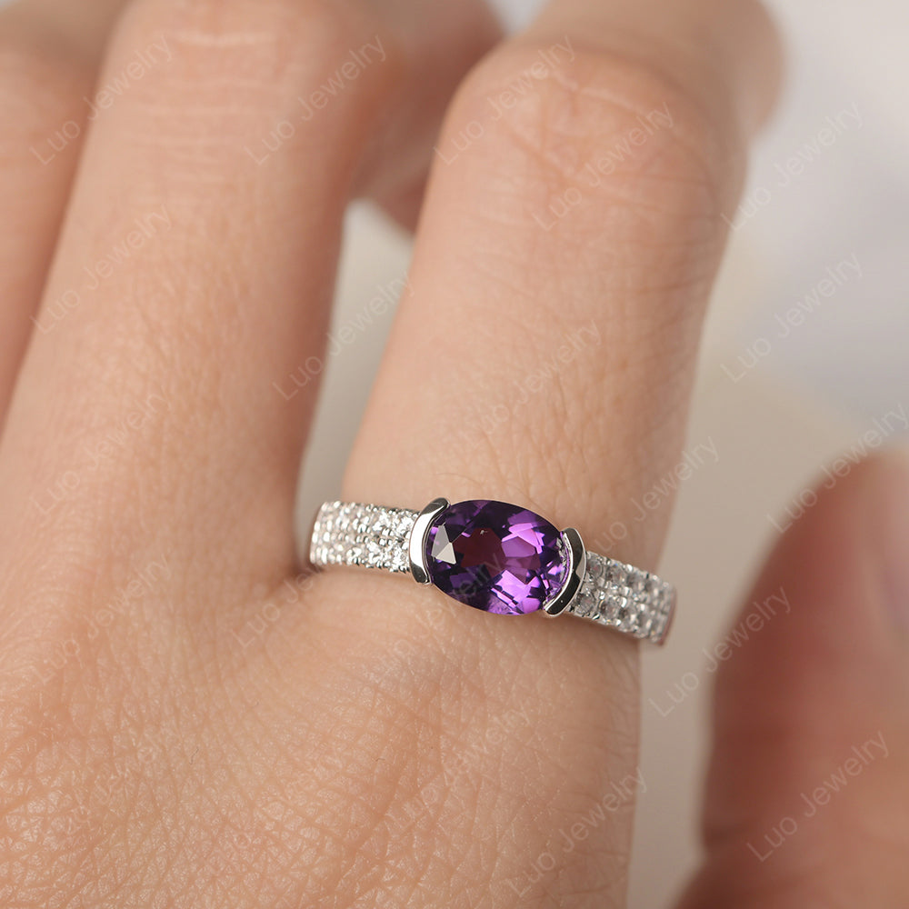 Oval Cut Amethyst Ring Double Pave Ring - LUO Jewelry