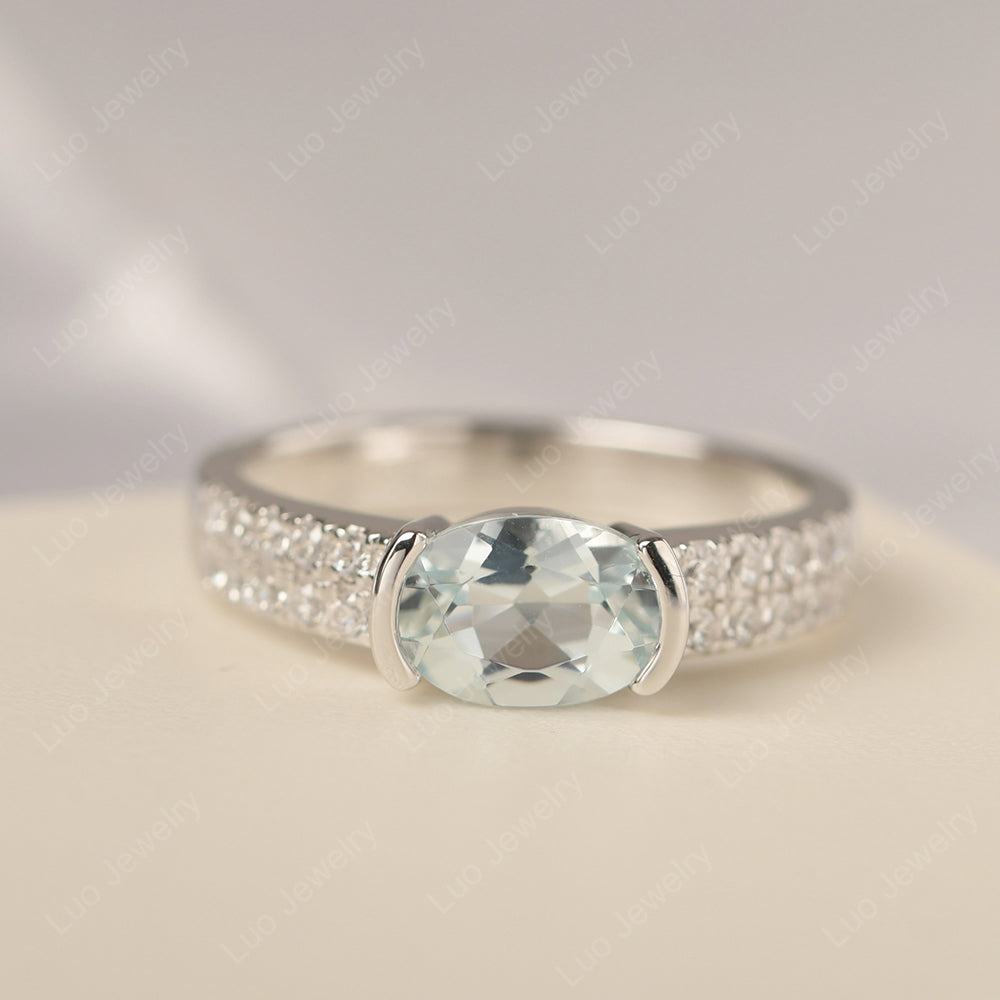 Oval Cut Aquamarine Ring Double Pave Ring - LUO Jewelry