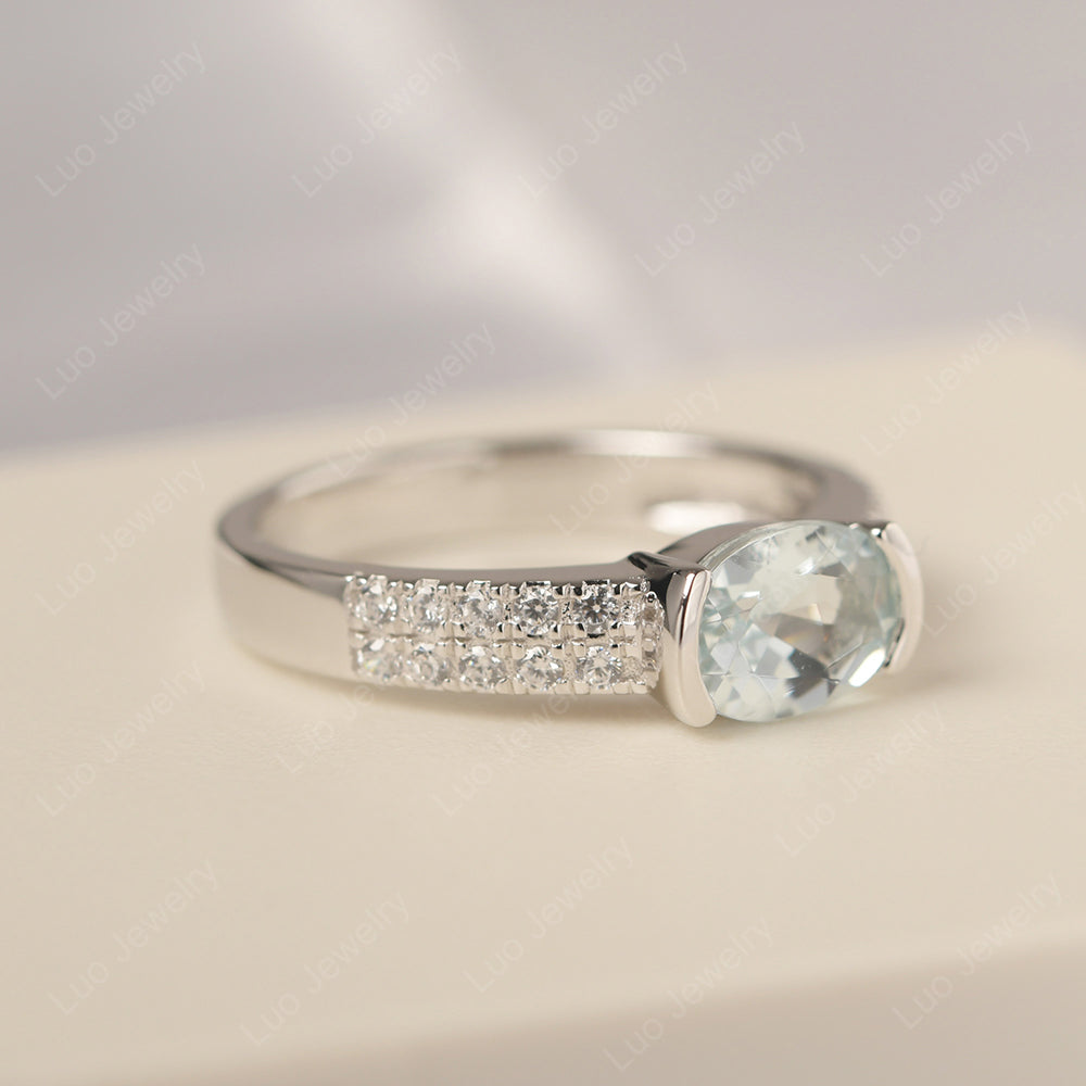 Oval Cut Aquamarine Ring Double Pave Ring - LUO Jewelry