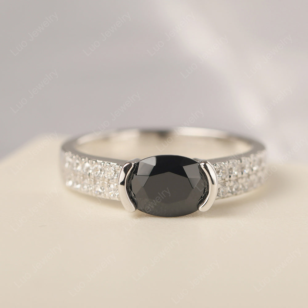 Oval Cut Black Spinel Ring Double Pave Ring - LUO Jewelry