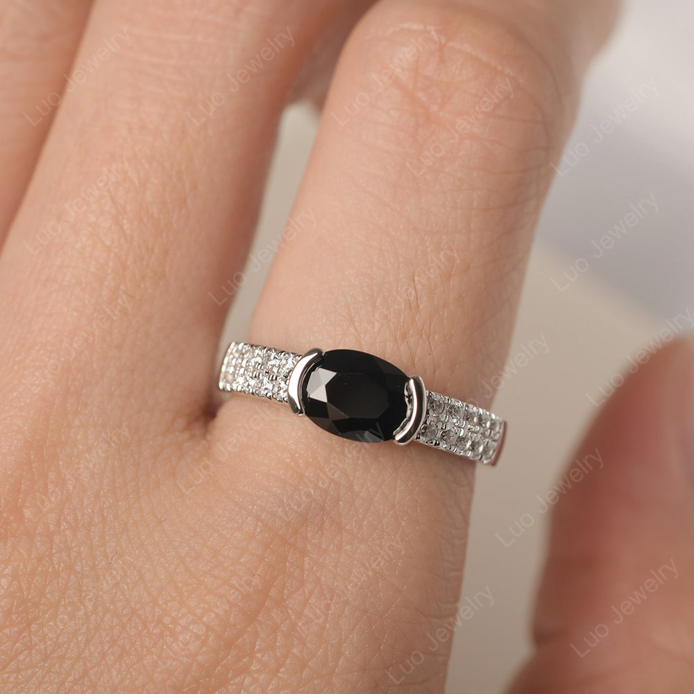 Oval Cut Black Spinel Ring Double Pave Ring - LUO Jewelry