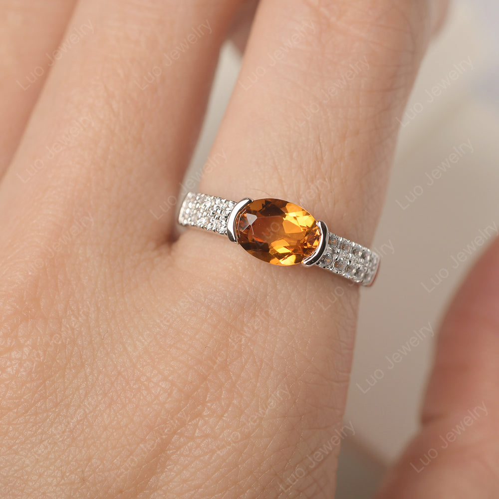 Oval Cut Citrine Ring Double Pave Ring - LUO Jewelry