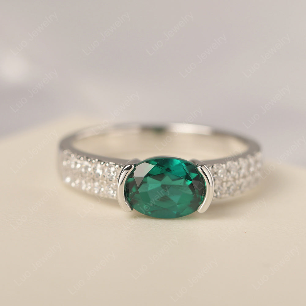 Oval Cut Lab Emerald Ring Double Pave Ring - LUO Jewelry