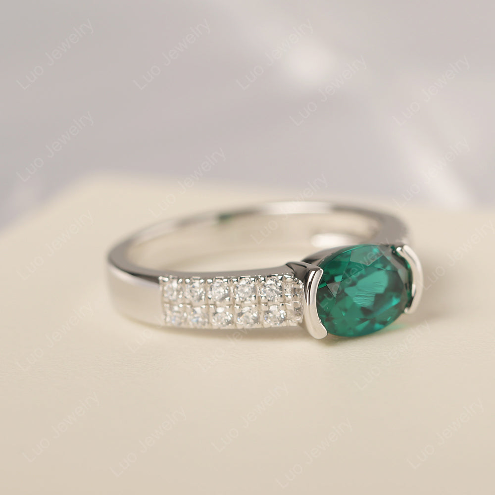 Oval Cut Lab Emerald Ring Double Pave Ring - LUO Jewelry