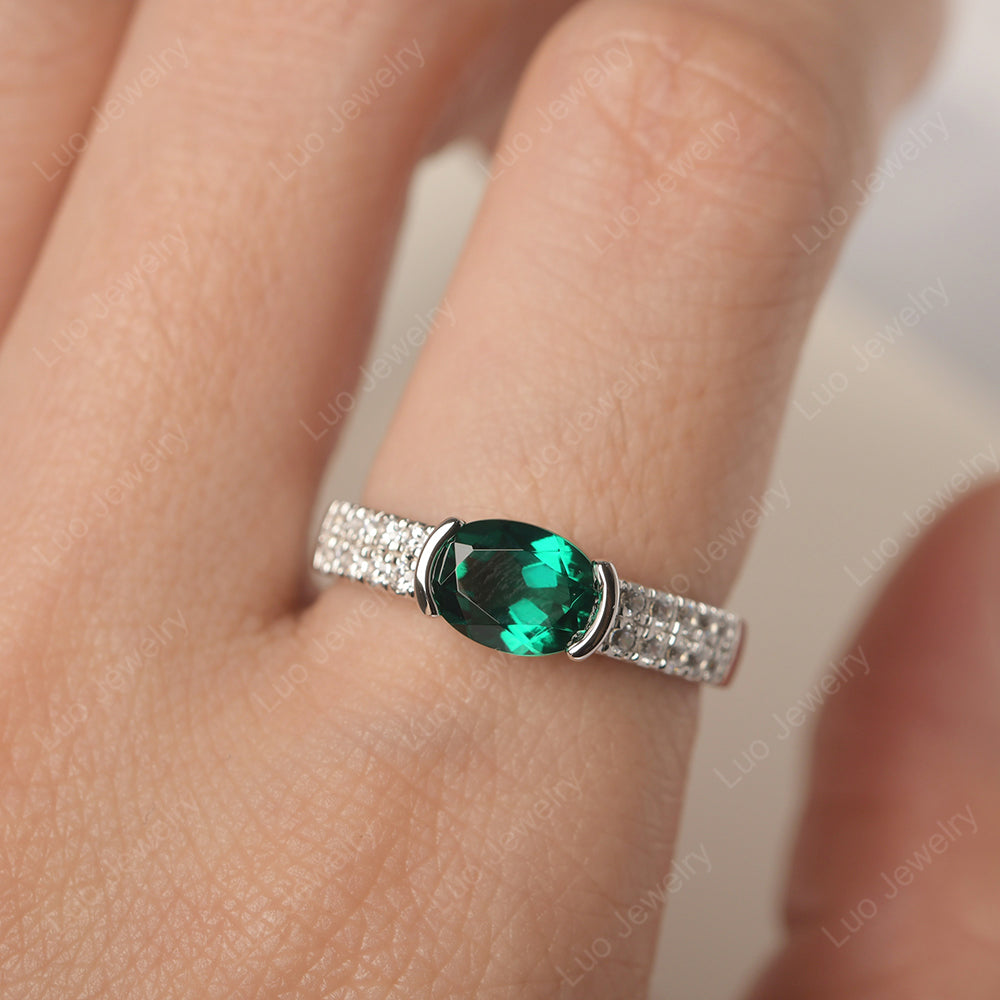 Oval Cut Lab Emerald Ring Double Pave Ring - LUO Jewelry