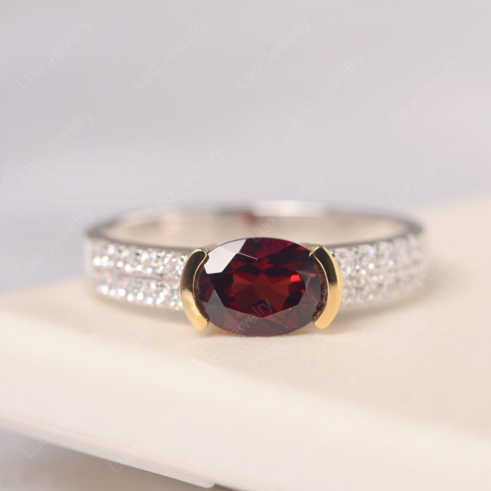 Oval Cut Garnet Ring Double Pave Ring - LUO Jewelry