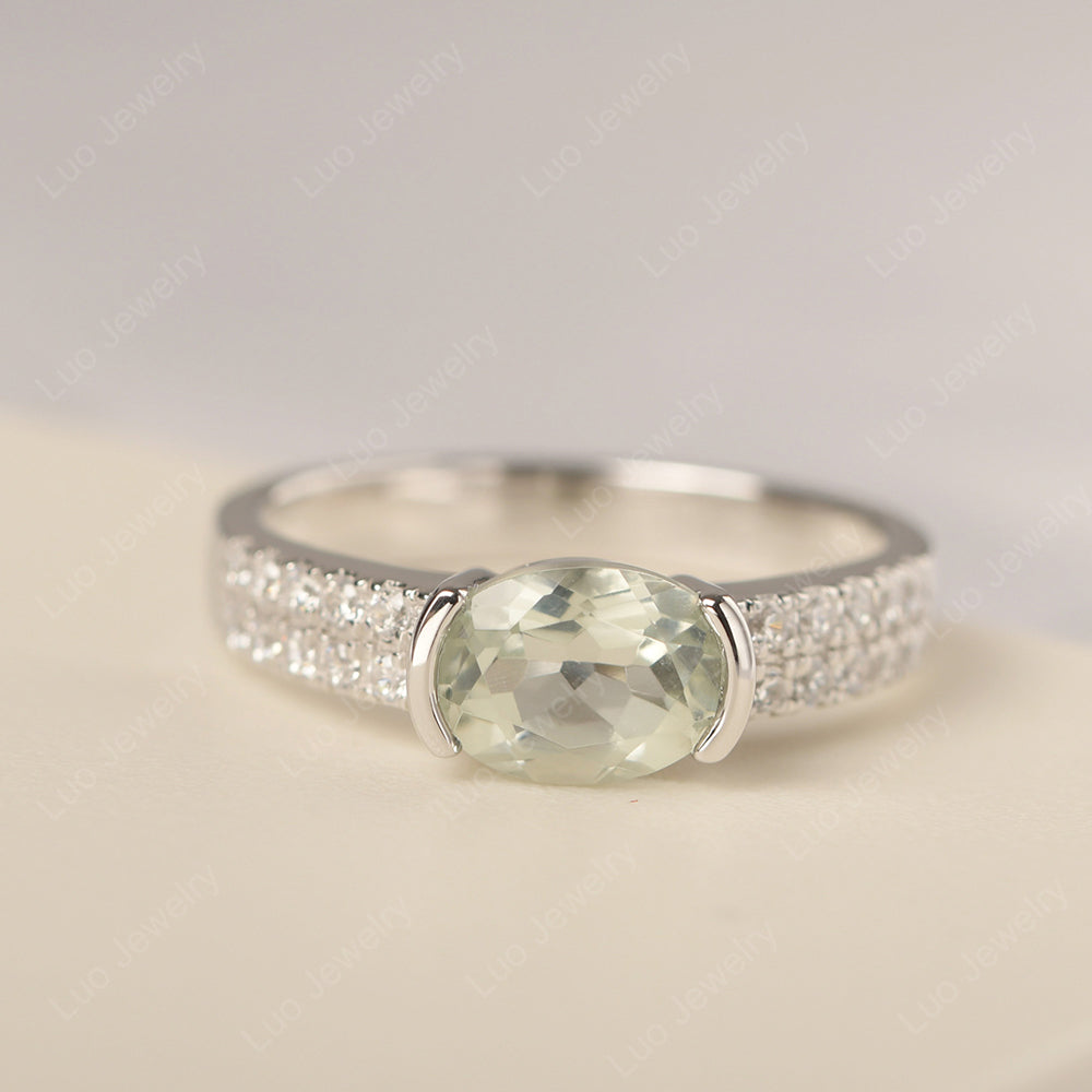 Oval Cut Green Amethyst Ring Double Pave Ring - LUO Jewelry