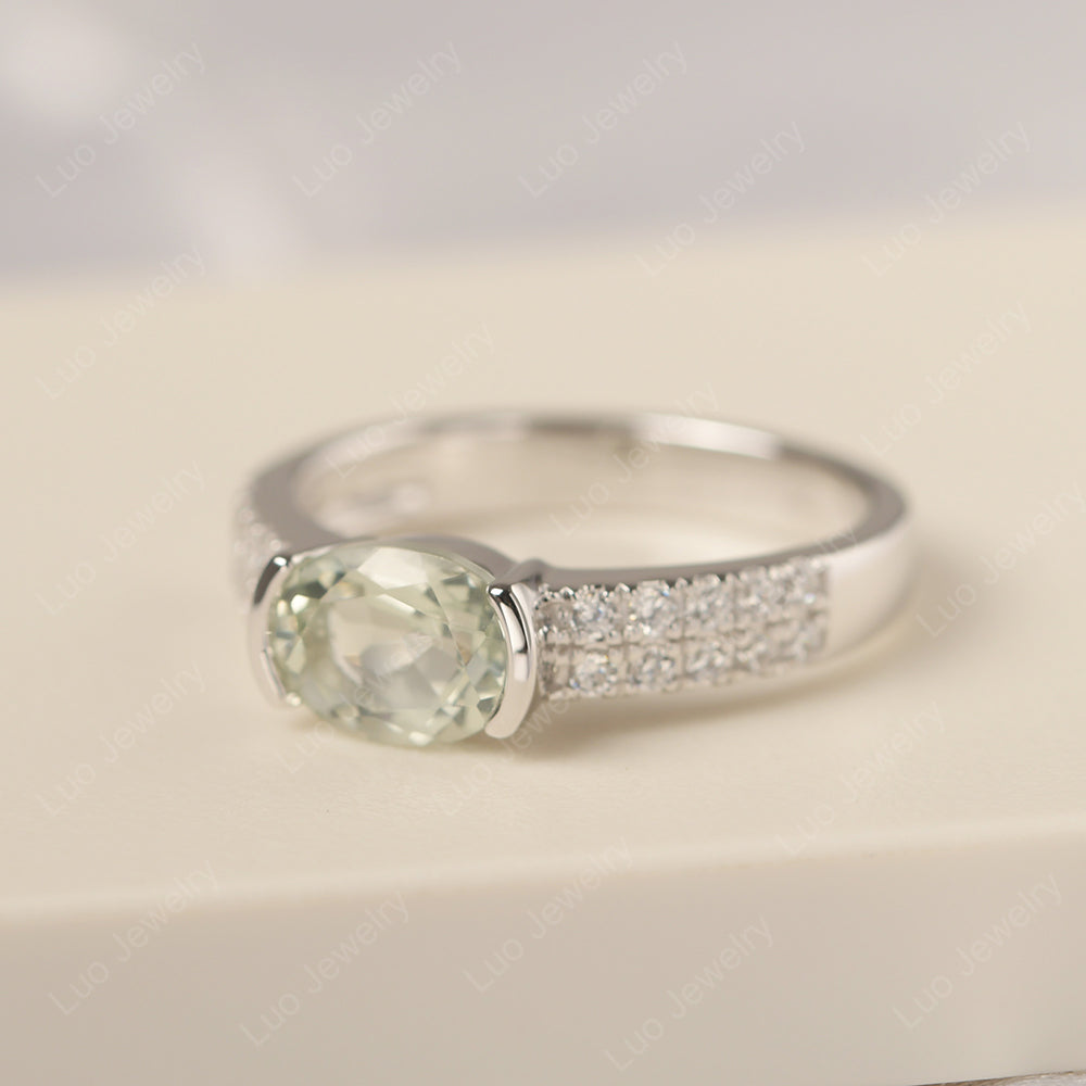 Oval Cut Green Amethyst Ring Double Pave Ring - LUO Jewelry