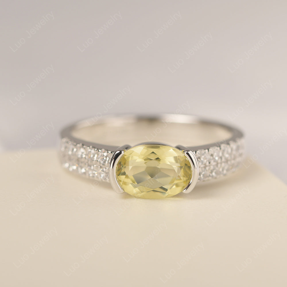 Oval Cut Lemon Quartz Ring Double Pave Ring - LUO Jewelry