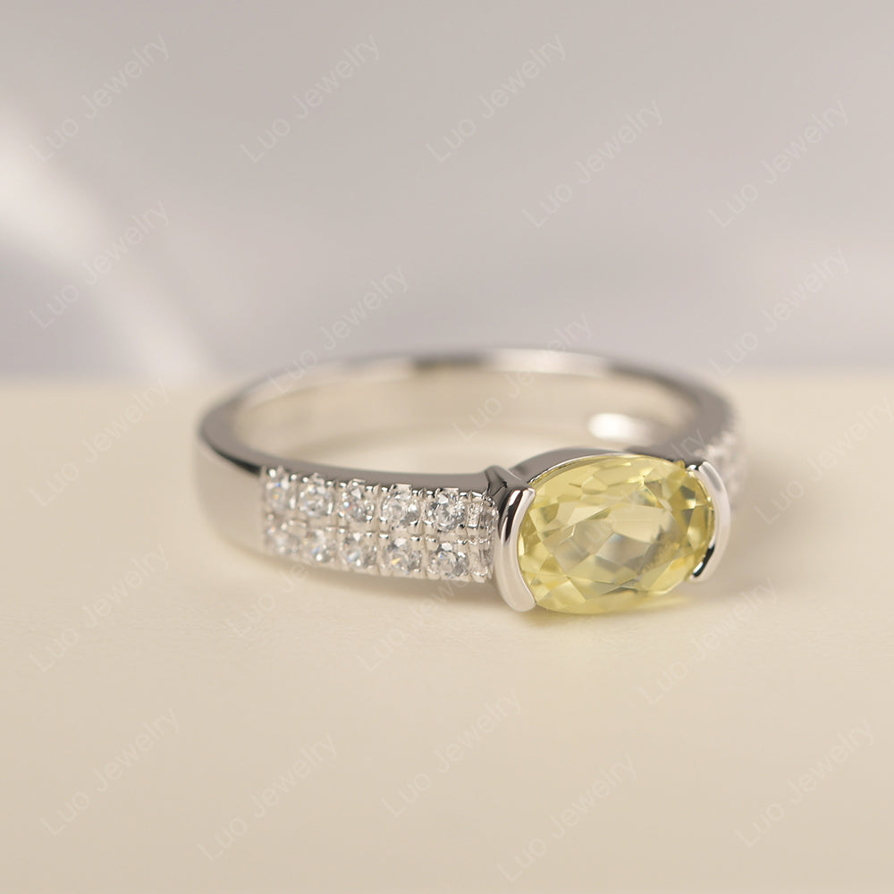 Oval Cut Lemon Quartz Ring Double Pave Ring - LUO Jewelry