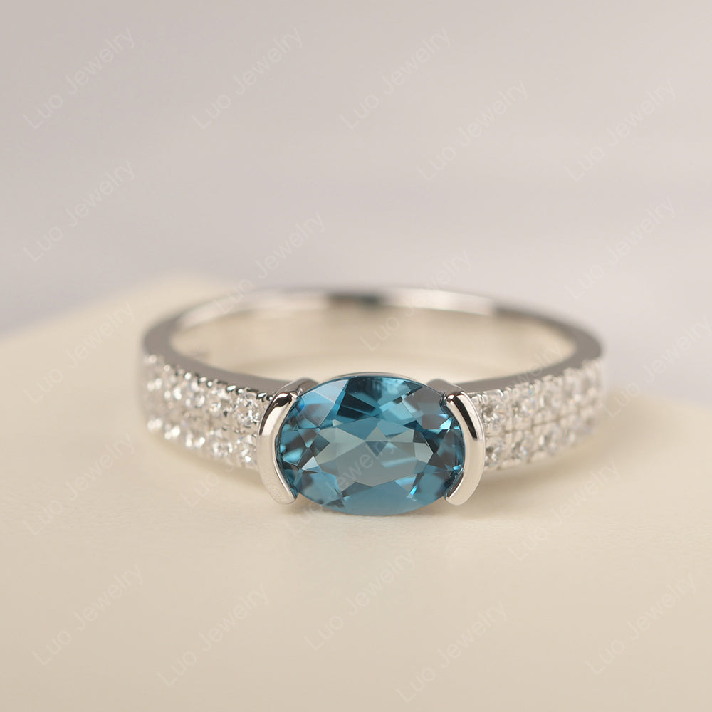 Oval Cut London Blue Topaz Ring Double Pave Ring - LUO Jewelry