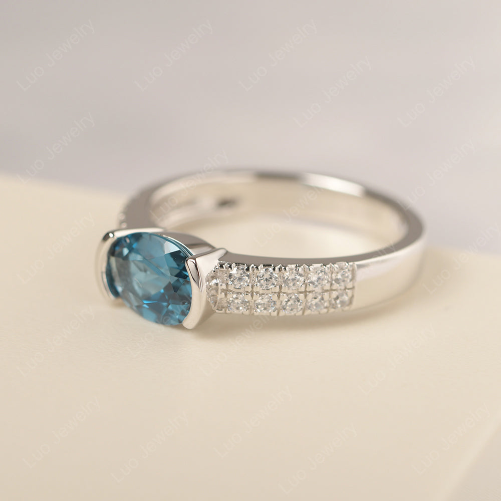 Oval Cut London Blue Topaz Ring Double Pave Ring - LUO Jewelry