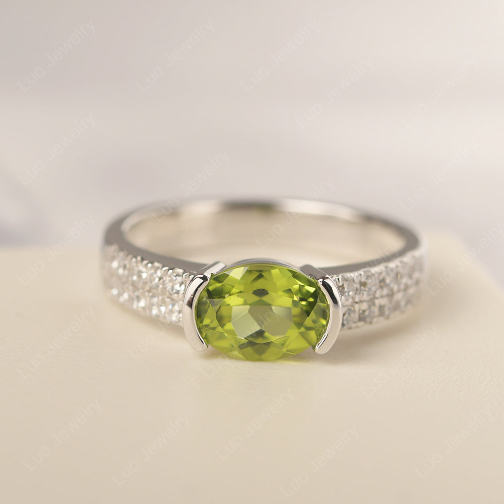 Oval Cut Peridot Ring Double Pave Ring - LUO Jewelry