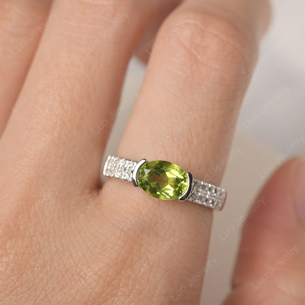 Oval Cut Peridot Ring Double Pave Ring - LUO Jewelry